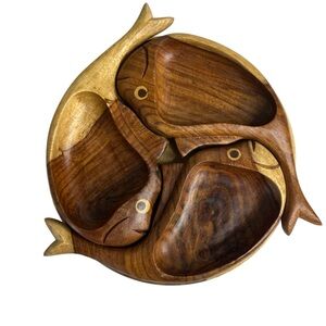 Handcarved 3 Wooden Interlocking Fish Shaped Bowls Dishes on Round Serving Tray